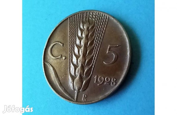 Gyűjtőknek szép 1928-as Olaszország 5 Centesimi pénzérme eladó