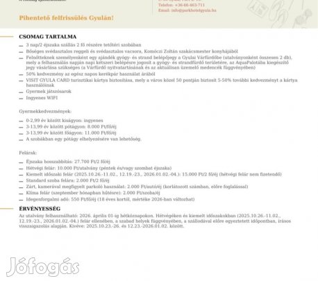 Gyulán 2 napos utalvány eladó (Park Hotel)