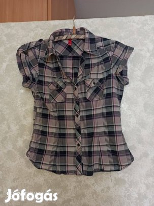 H&M szürke alapon kockás rövid ujjú vékony vászon ing 36-os