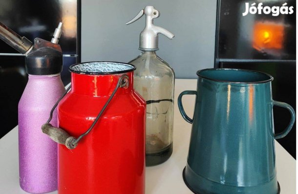 Habszifon, zsíros bödön, szódásüveg, tejeskanna