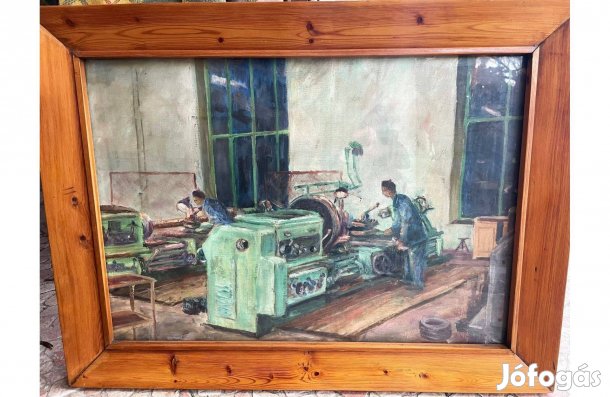 Haffner Károly Esztergályosok szocreál olaj vászon festmény retro