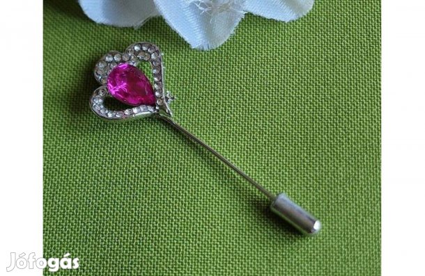Hajtókatű, kitűző HAT01 - Strasszköves dupla szív pink kővel 53x20mm