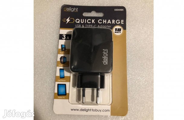 Hálózati Adapter USB és USB-C Type-C Fekete PD18W gyorstöltéssel