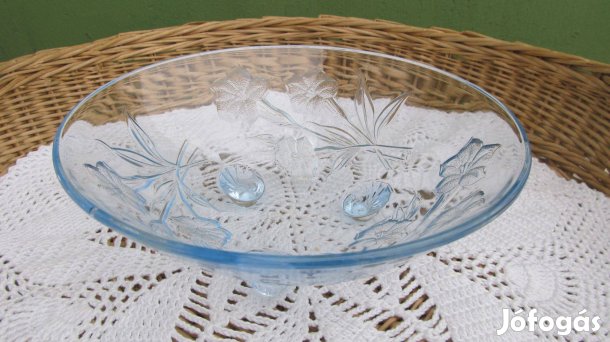 Halványkék, üveg asztalközép, gyümölcstál