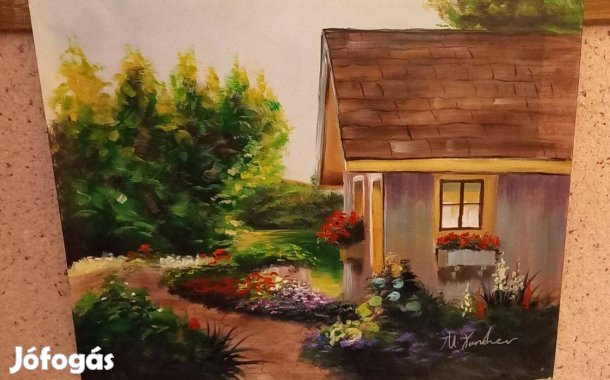 Hangulatos aláírt festmény, ház kanyargós úttal, erdővel, virágokkal