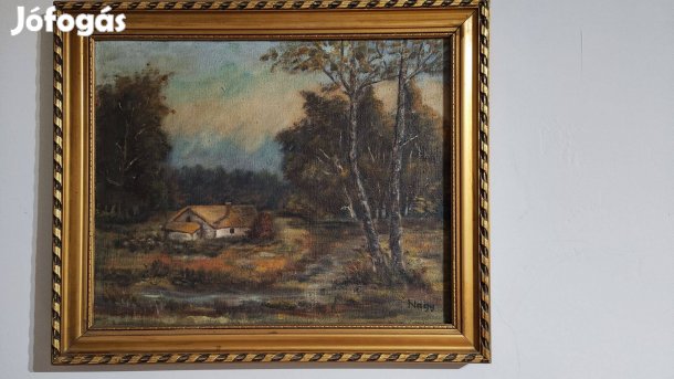 Hangulatos vidéki tájkép házikóval Olajfestmény