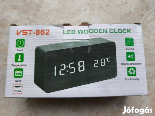 Hangvezérelhető fahatású LED ébresztőóra hőmérséklet kijelzéssel