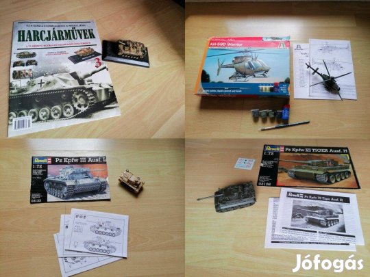 Harckocsi, repülőgép, helikopter modellek, festékek, leírás, stb