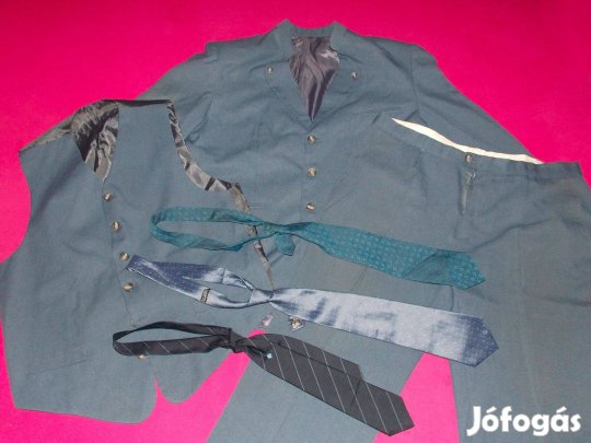 Háromrészes kékesszürke férfi öltöny három nyakkendővel 56-os 3XL Xxxl