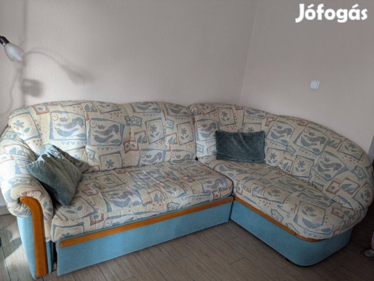 Használt, ágyneműtartós sarok ülőgarnitúra fotellel eladó
