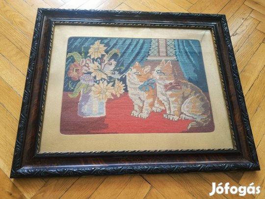 Hatalmas, keretezett macskás csendélet gobelin/goblein (69x56cm)