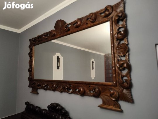 Hatalmas neobarokk fali tükör Kézzel faragott fa keretben (206x116)