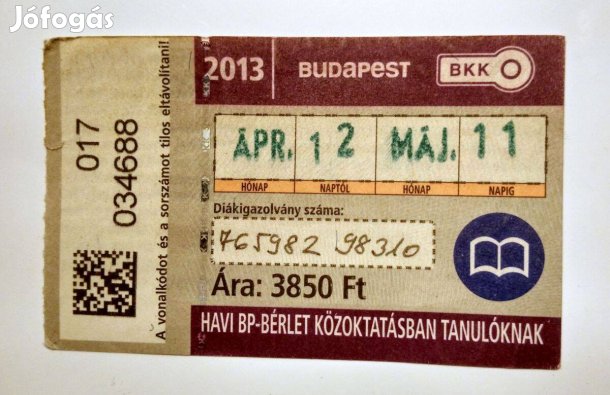 Havi Bp-Bérlet Közöktatásban Tanulóknak 2013 Április (2képpel)