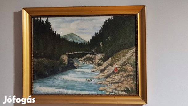 Hegyi folyó híddal Hangulatos, jelzett olajfestmény