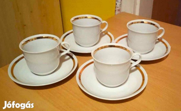 Henneberg szolid, elegáns 4 szett fehér-arany csésze+alj, kávés-teás