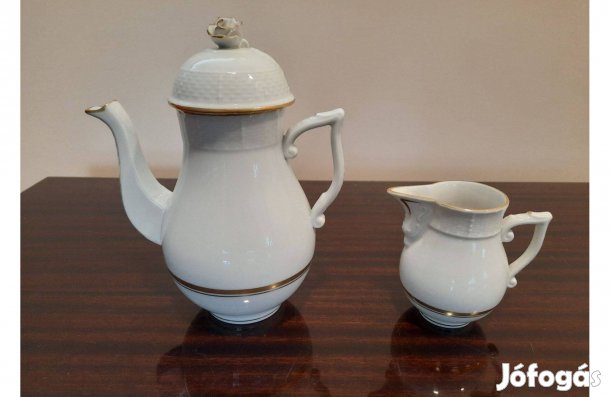 Herendi Fehér arany szegélyes kávés kanna, kiöntő + tejkiöntő