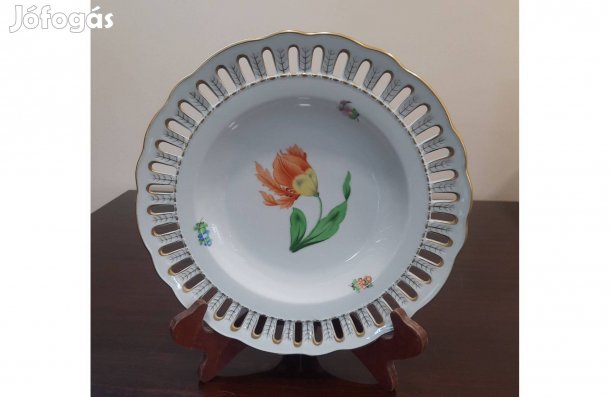 Herendi Gustave virágmintás porcelán áttört fali, dísz tányér eladó!