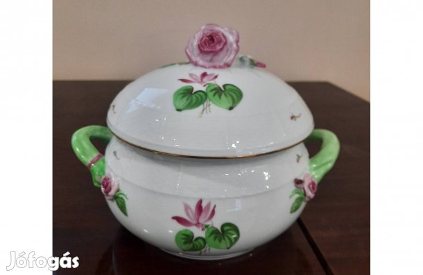 Herendi ciklámen virágmintás porcelán leveses tál rózsa fogóval eladó