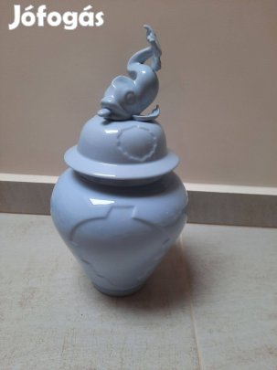 Herendi kék mázas Delfin fogós fedeles porcelán váza
