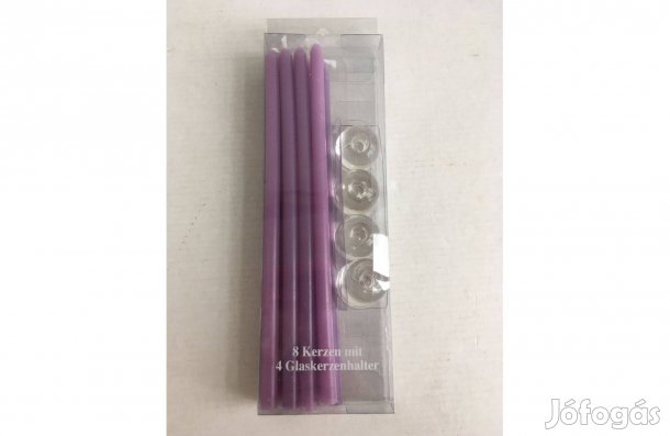 Hibátlan, új, vékony, 8db lila gyertya 4db üveg gyertyatartóval
