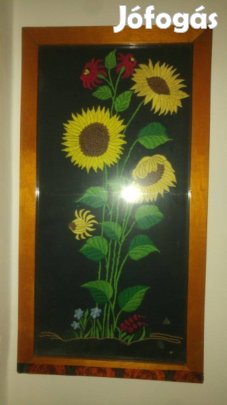 Hímzett virágkép 32x60cm rétegelt fa kerettel