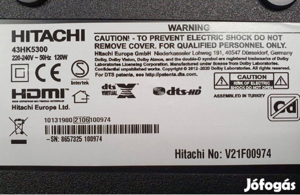 Hitachi 43HK5300 4K UHD LED tv törött alkatrésznek 17MB180E 17IPS72