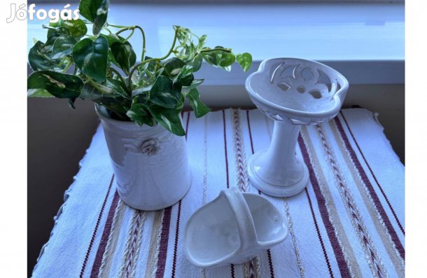 Hófehér mázas kerámia szett, anyáknapi ajándék, tavaszi dekoráció