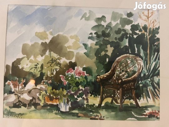 Holányi Julianna "Papus karosszéke a sziklakertben" festmény