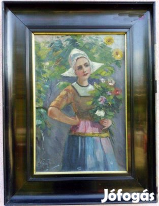 Hölgy csokorral biedermeier stílusú keretezett antik festmény Nyíry Ta