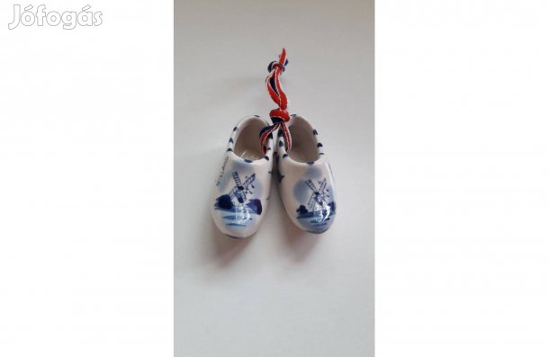 Holland porcelán papucs pár kék szélmalom mintával 6 cm_