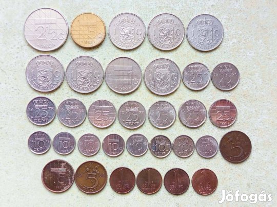 Hollandia 33 db Különböző Érme 1 5 10 25 Cents 1 2 5 Gulden 1948-1991