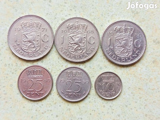 Hollandia 6 db Különböző Érme 10 25 Cents 1 Gulden 1950-1980