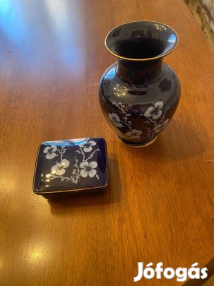 Hollóházi Kobaltkék Porcelán Szett Váza és Ékszerdoboz