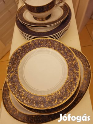 Hollóházi Porcelán Étkészlet-KÉK-Fehér-Arany-Új