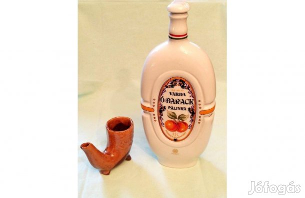 Hollóházi Porcelán pálinkás kulacs, flaska+ pipa alakú kerámia pohár