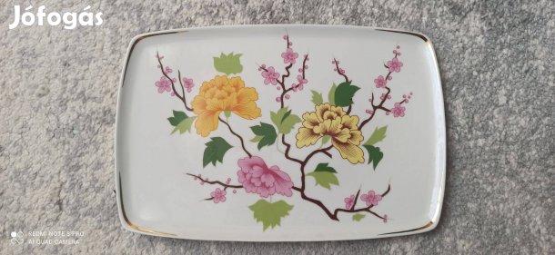 Hollóházi aranyozott, számozott virágmintás tál, falitányér