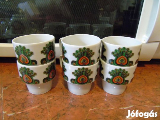 Hollóházi páva mintás 6 db-os kávés mokkás csésze egyben