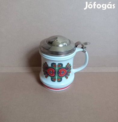 Hollóházi páva mintás korsó Hollóháza porcelán fedeles söröskorsó