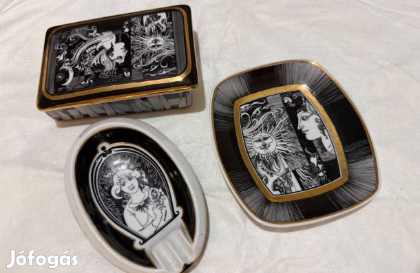 Hollóházi porcelán art deco szett 4 db fekete-fehér design