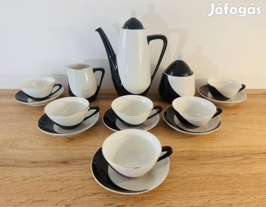 Hollóházi porcelán kávéskészlet 6 személyes - retro fekete-fehér