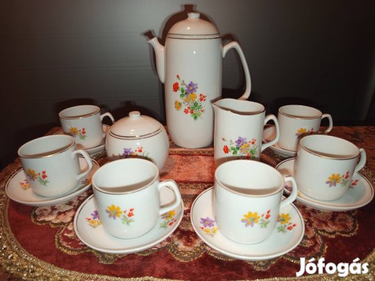 Hollóházi porcelán kávéskészlet - zöld pecsétes (1960-1980)