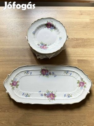 Hollóházi porcelán süteményes készlet - 6 tányér + kínáló tál