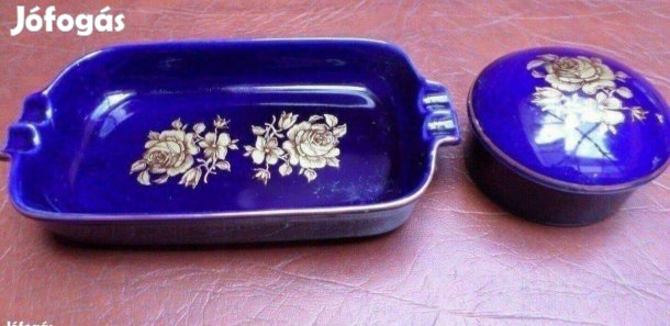 Hollóházi porcelán szett 2 db kézi festés kék arany