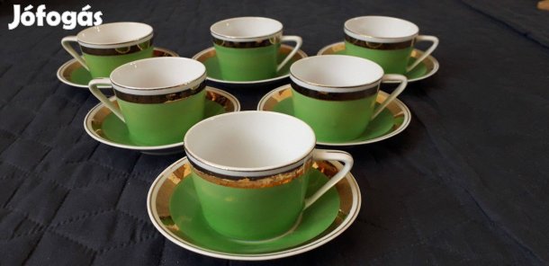 Hollóházi zöld-arany kávéskészlet - újszerű, vitrinben tartott