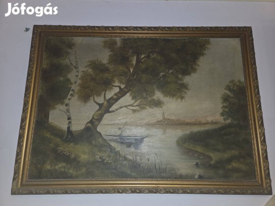 Horgász a tavon antik olajfestmény