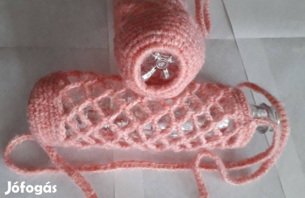 Horgolt rózsaszín palacktartó, kulacstartó új_