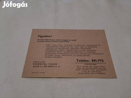 Hornyák Tibor régiségkereskedő kártya - a Függetlenségi Párt elnöke