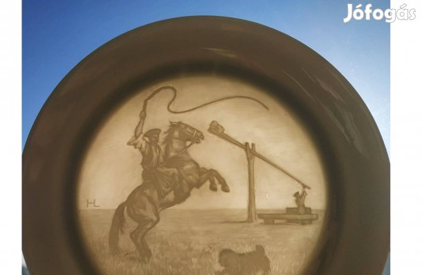 Hortobágyi árnyékképes fehér porcelán dísztányér, HL jelzéssel