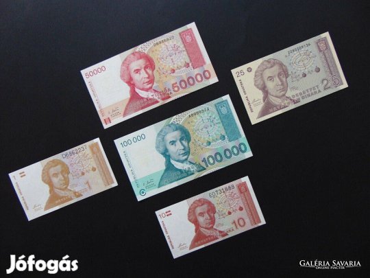 Horvátország 5 darab dinár bankjegy LOT ! Hajtatlan bankjegyek