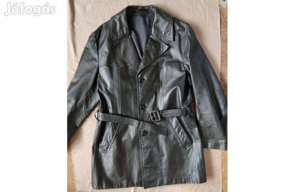 Hosszú fekete férfi bőrkabát L méret